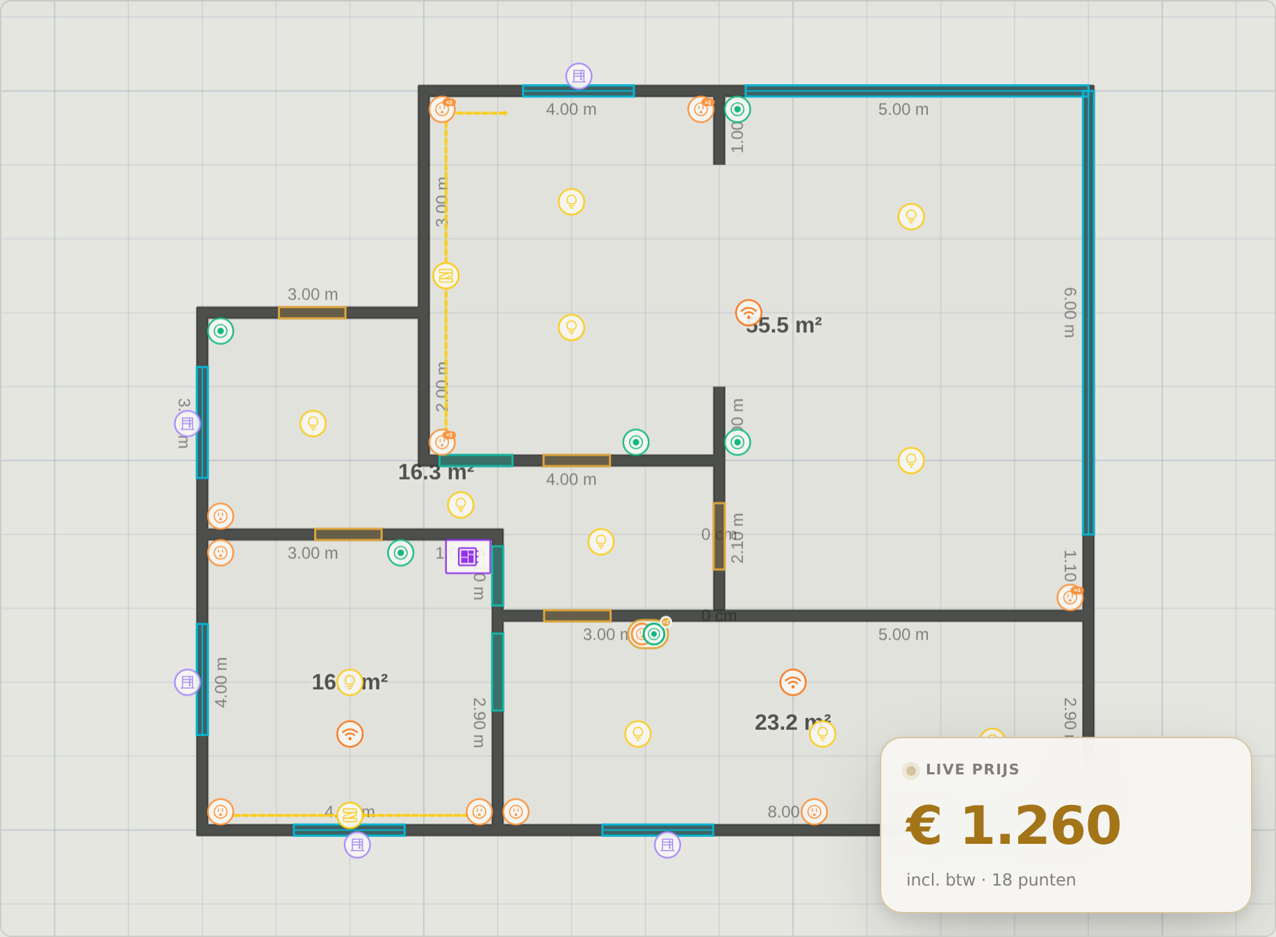 Voorbeeldplan in de plantool: plattegrond met stopcontacten, verlichting en live prijs