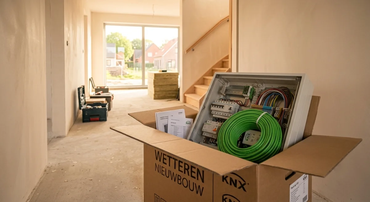 Open verzenddoos in een nieuwbouwhal: voorbekabelde KNX-kast met groene buskabel, schema's en materiaallijst