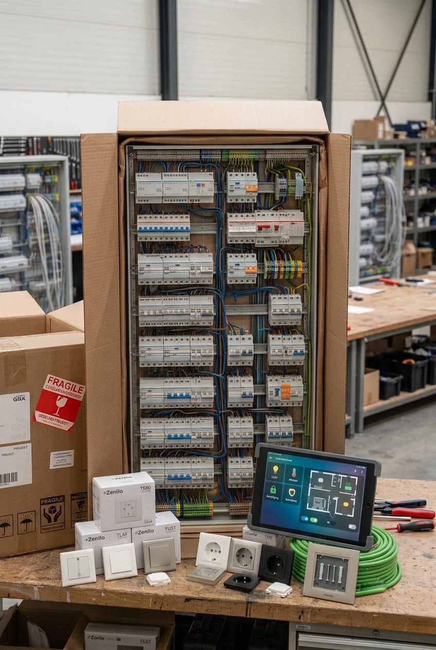 De bedrade KNX-kast in de verzenddoos op de werkbank, met schakelmateriaal en buskabel