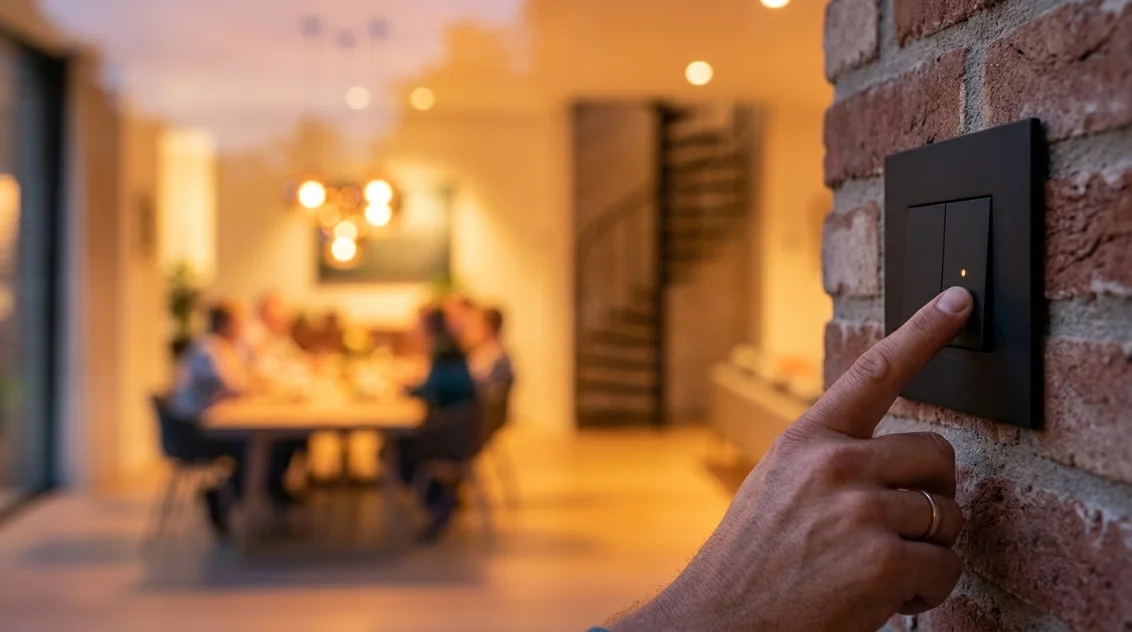 Eén druk op een KNX-drukknop dimt de verlichting in een warme woonkamer